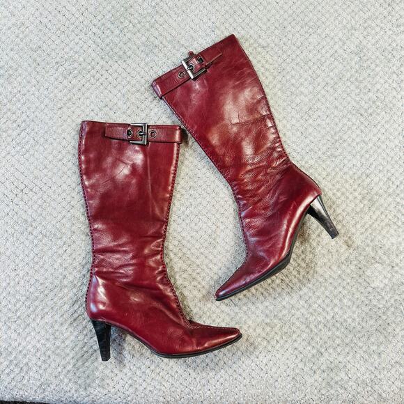 vtg franco sarto y2k cherry red leather pointed toe kitten heel calf high boots - Picture 1 of 7